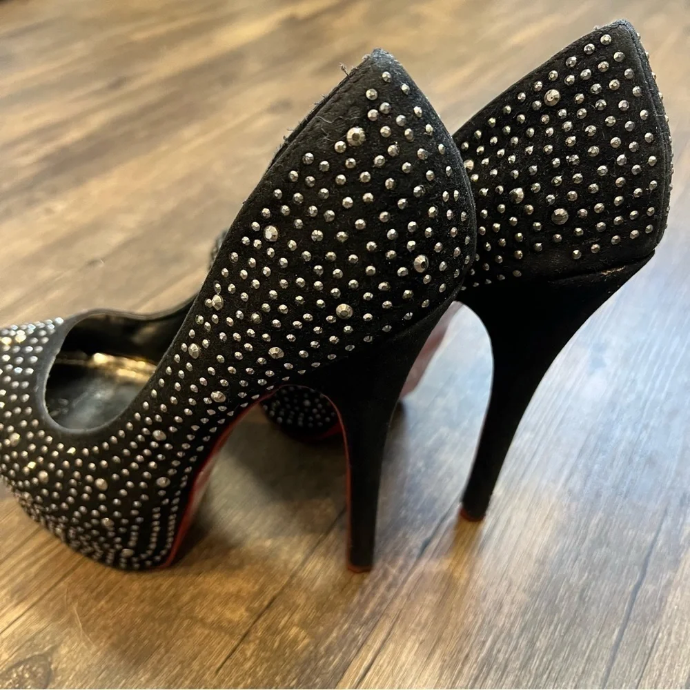Alba Red Sole Black Suede Silver Rhinestone Platform Stiletto High Heels 8.5